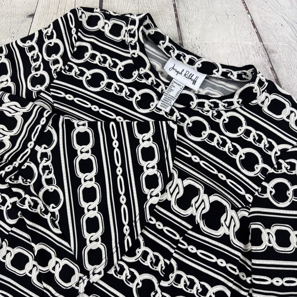 Joseph Ribkoff Chain Print Tunic Top Bell Sleeve Stretch Black White Sz 8